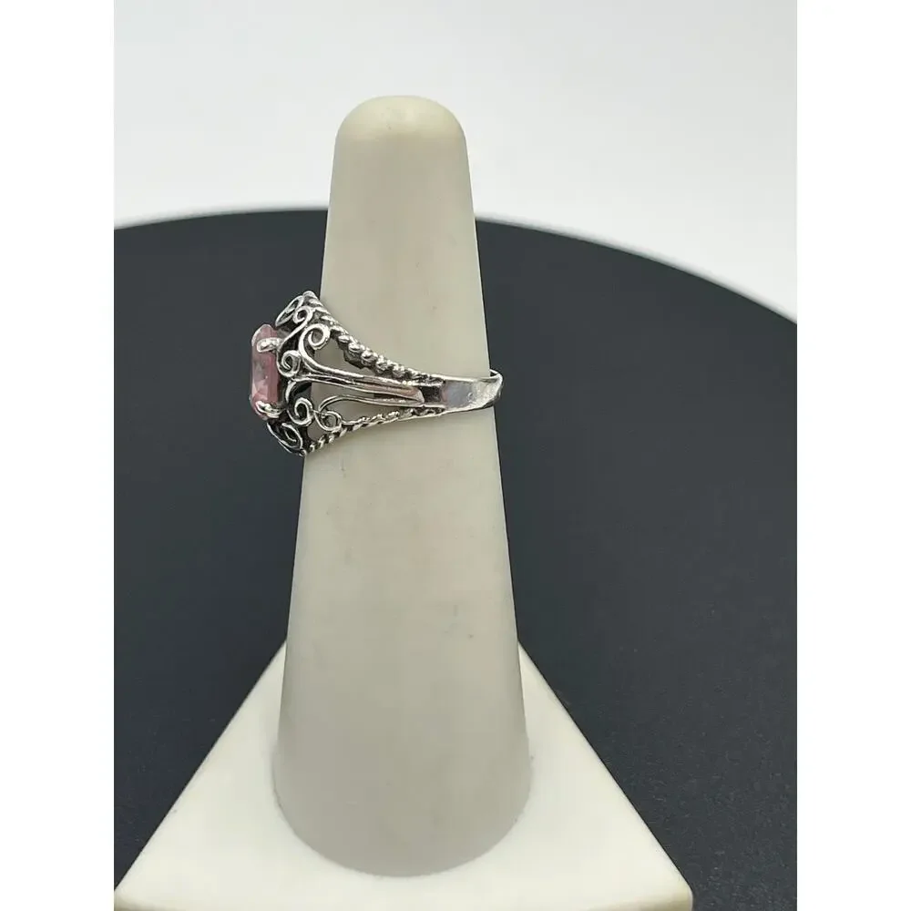 Sterling Silver Vintage Filigree Simulated Pink Sapphire‎ Solitaire Ring 5.25